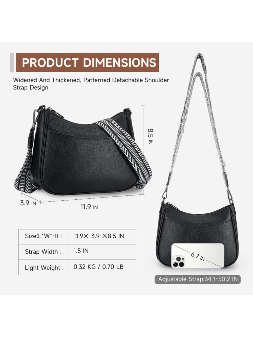 👜Women's Black Leather Crossbody Purse Shoulder Bag Wide Strap Travel - Picture 6 of 6